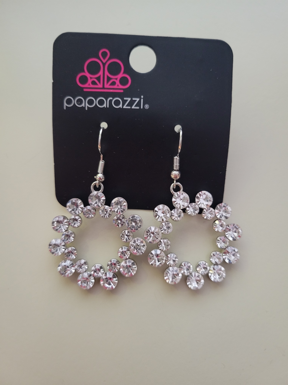Paparazzi Silver Crystal Circle Drop Earrings - Clear Sparkle